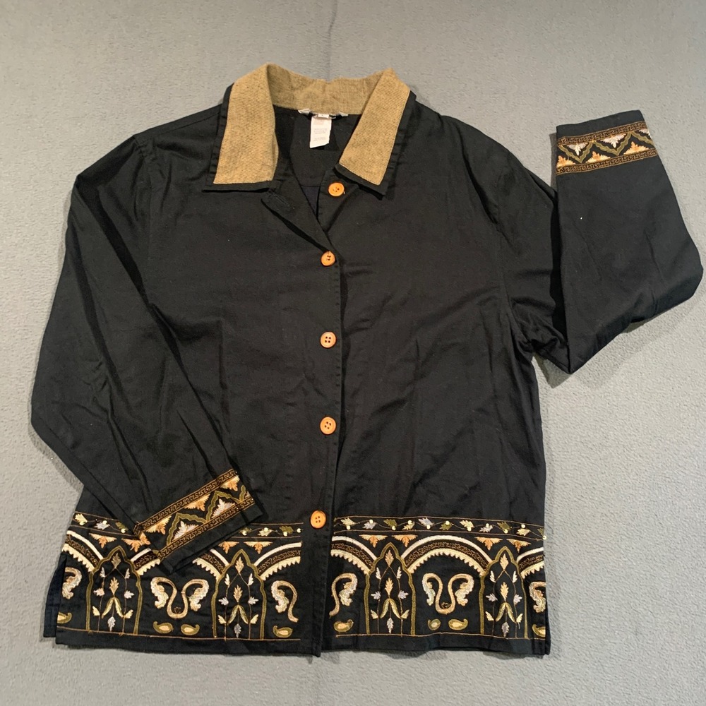 Stonebridge Embroidered Jacket Women Large Black Cotton Boho Beaded Artisan Folk